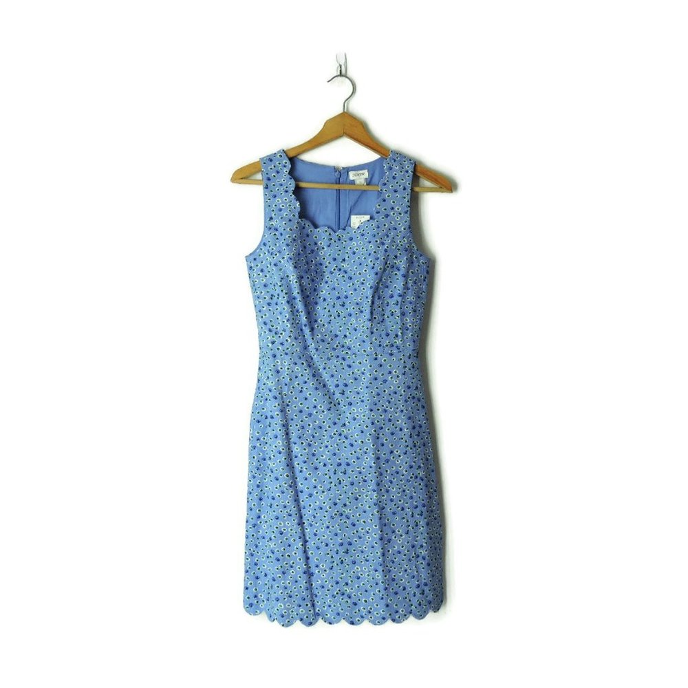 J. Crew sheath Dress Basketweave Scalloped blue floral ditsy print sz 00   L6983